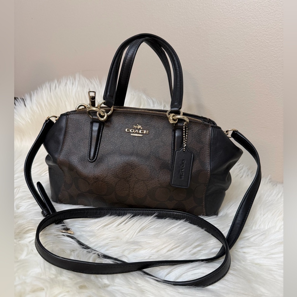 COACH Brown and Black Signature Satchel with Gold Hardware#F58290